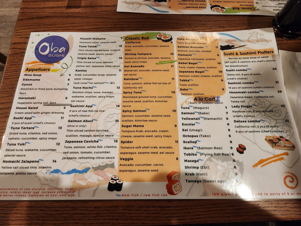 Oba Sushi Menu - Page 1 of 2 - Erie, PA