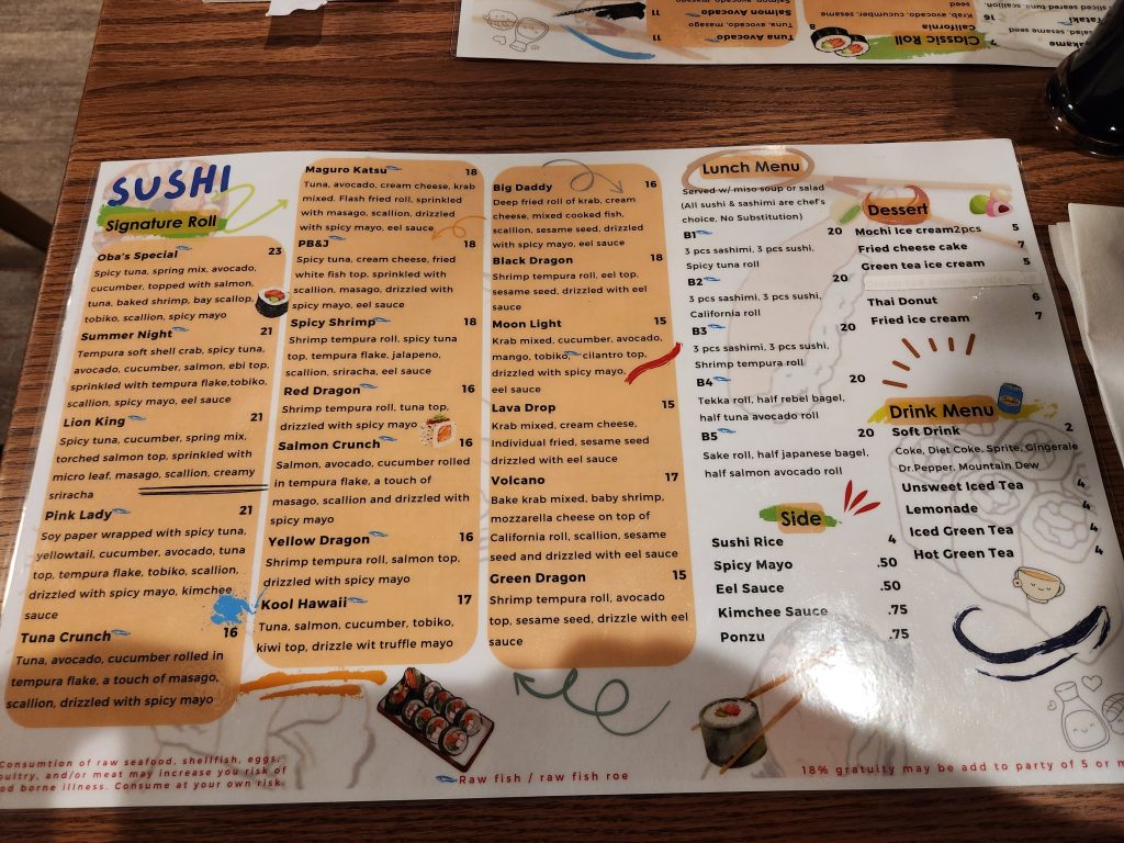 Oba Sushi Menu - Page 2 of 2 - Erie, PA