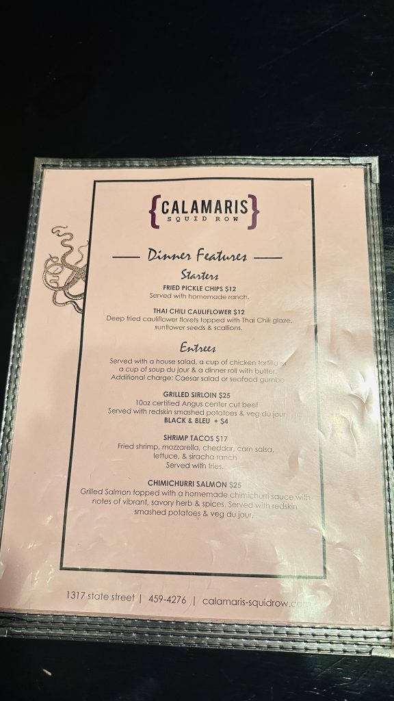 Calamari's dinner menu - side 1