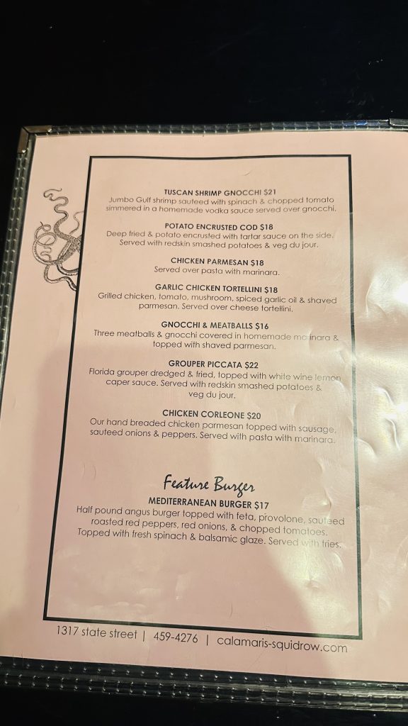 Calamari's dinner menu - side 2