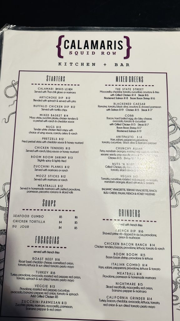 Calamari's regular menu - side 1